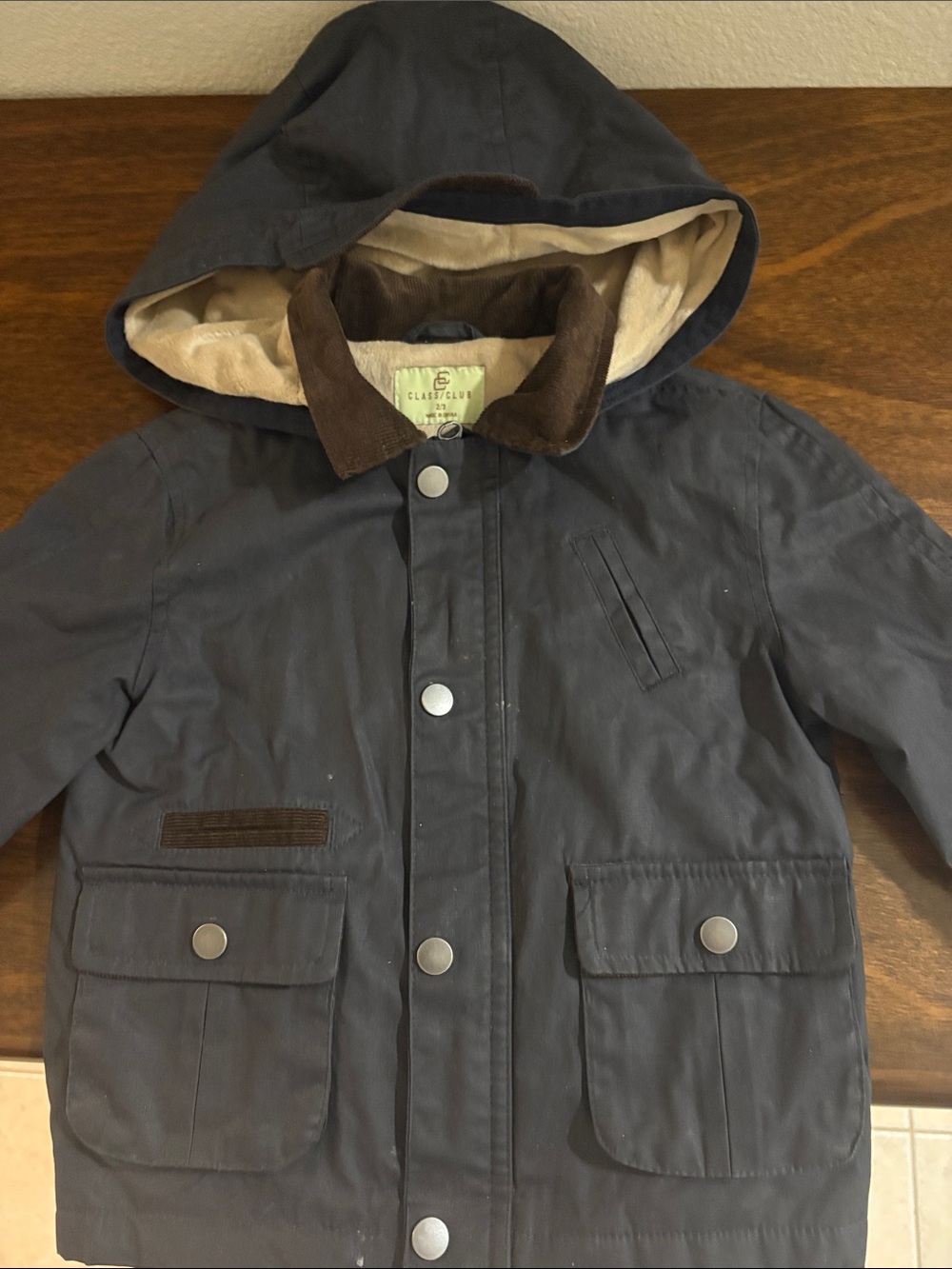 Class Club Kids Navy Hooded Raincoat with Beige Lining and Brown Collar